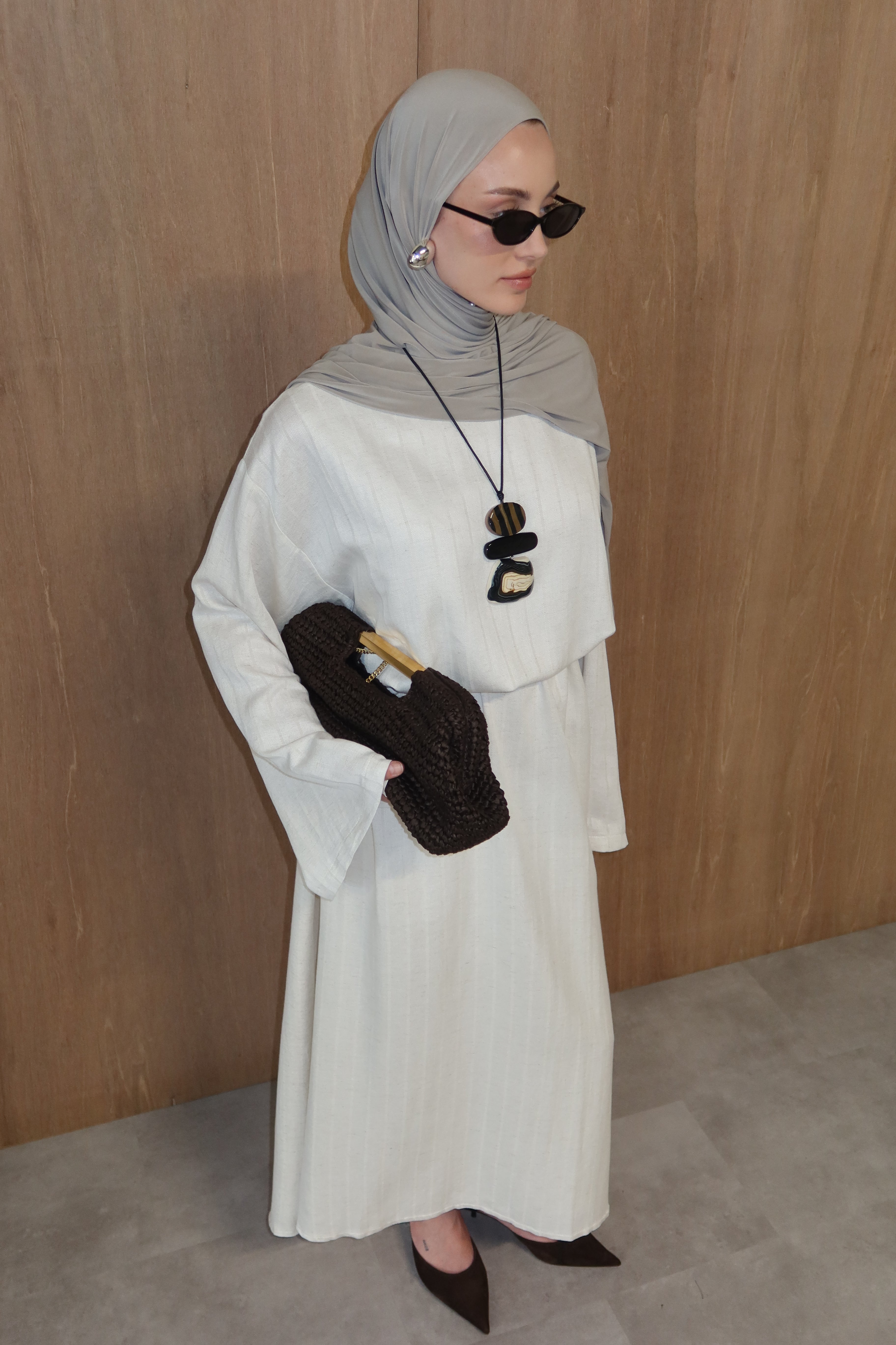 Linnen Abaya met Geweven Streepdessin - Beige
