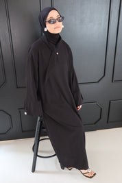 Linnen abaya met kraag - Zwart