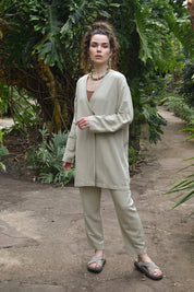Two-piece linen set: pants and kimono - light green