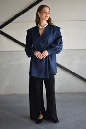Kimono overhemd met overslag - donkerblauw
