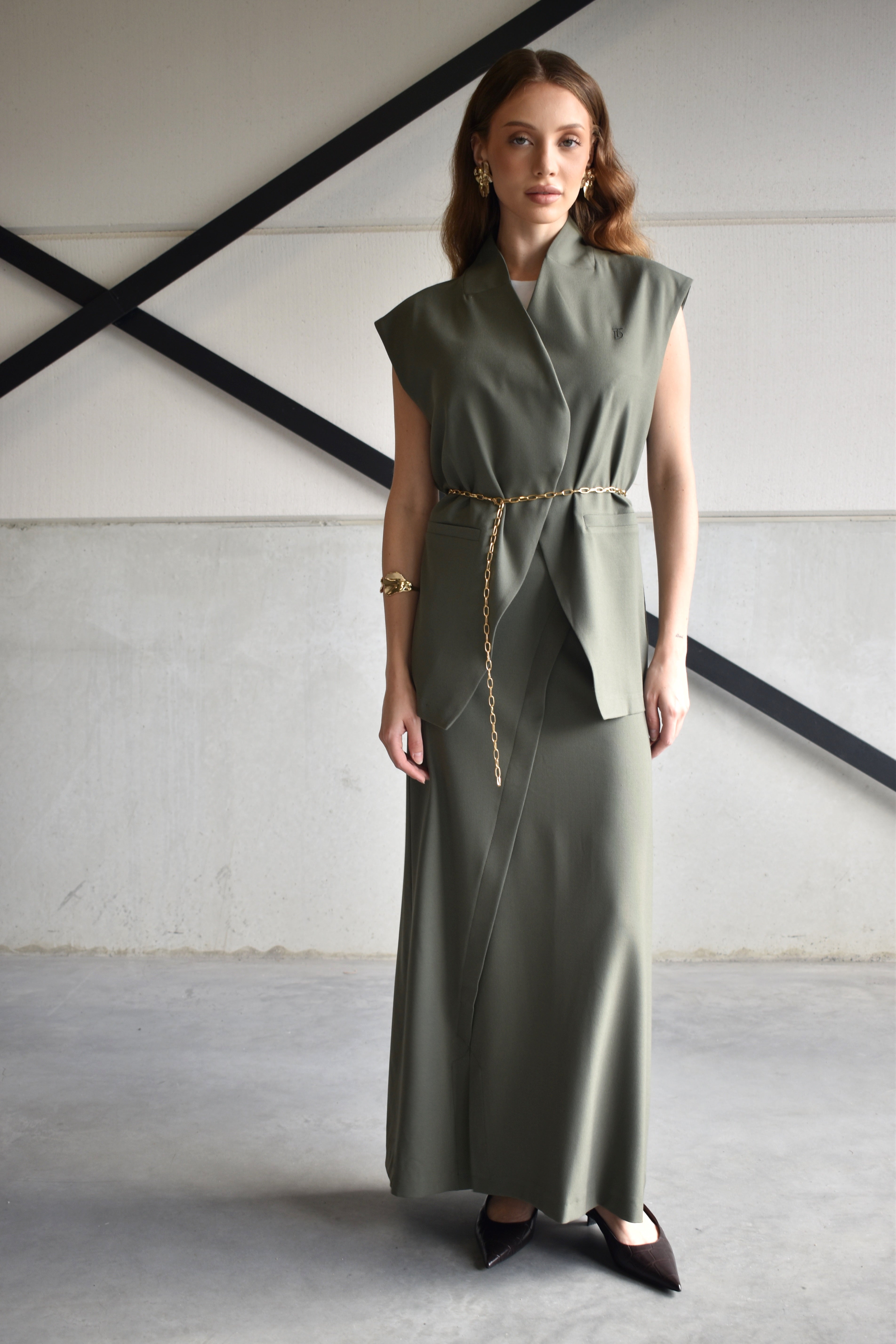 Tweedelige set: rok met gilet - donkergroen