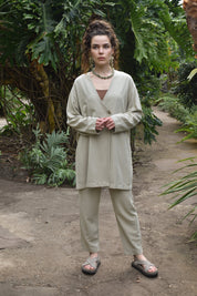 Two-piece linen set: pants and kimono - light green