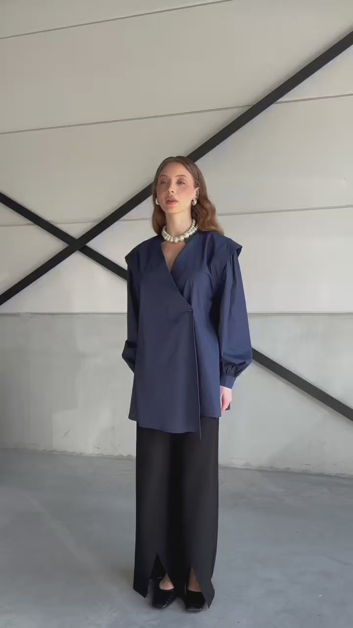 Kimono overhemd met overslag - donkerblauw